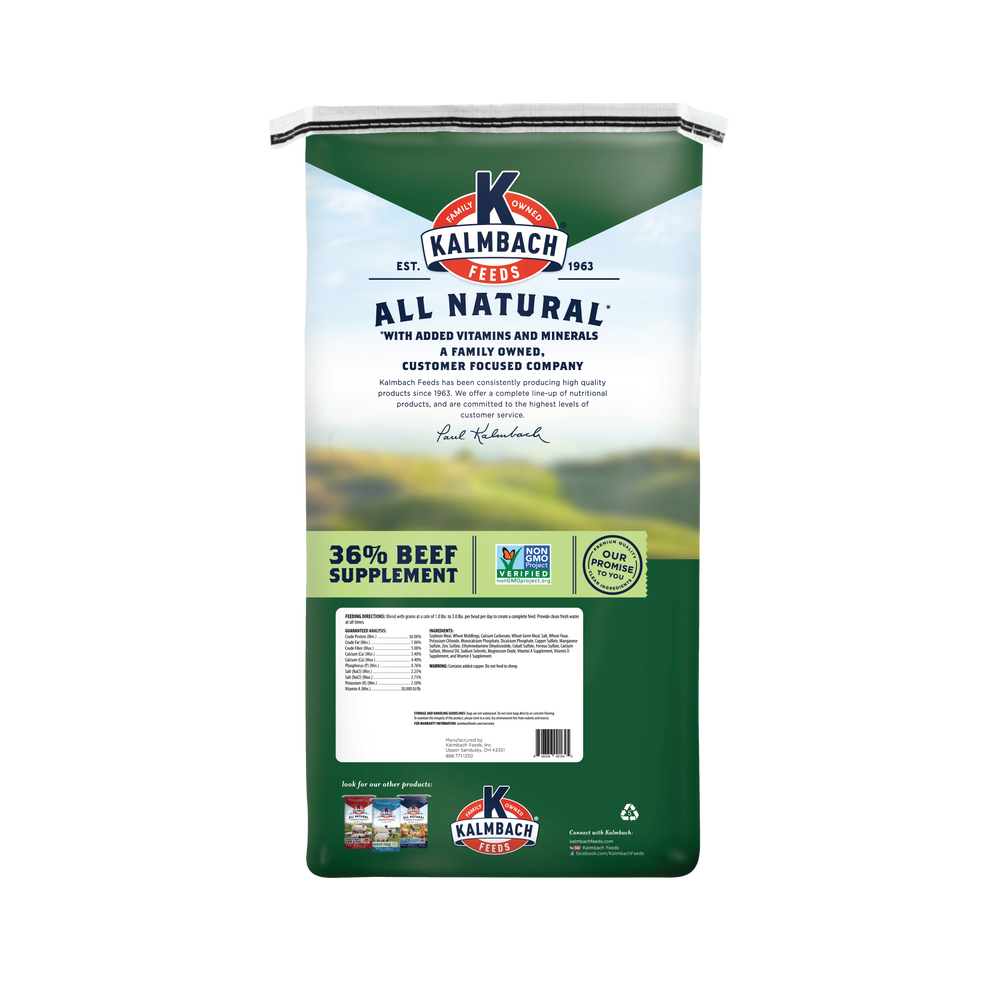 packaging image of Kalmbach Feeds non-GMO 36% beef supplement