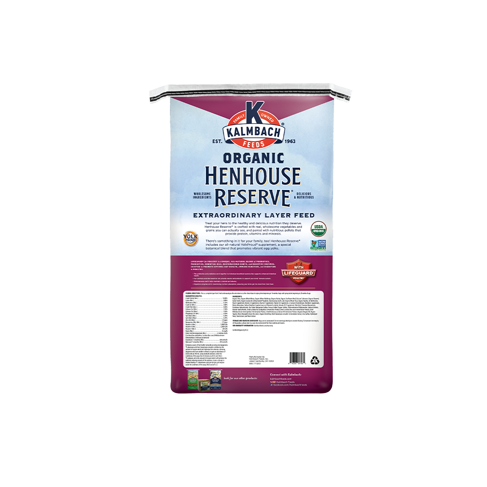 Bag of Kalmbach Organic Henhouse Reserve feed 