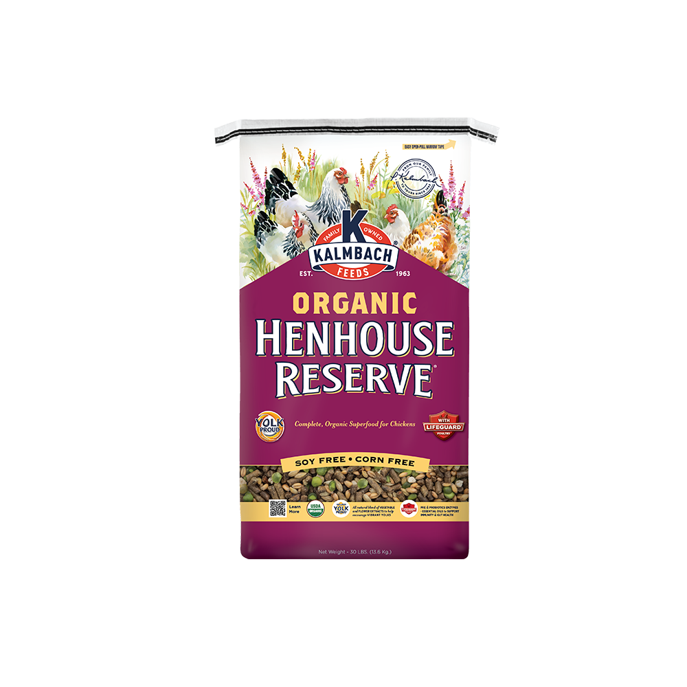 Bag of Kalmbach Organic Henhouse Reserve feed 