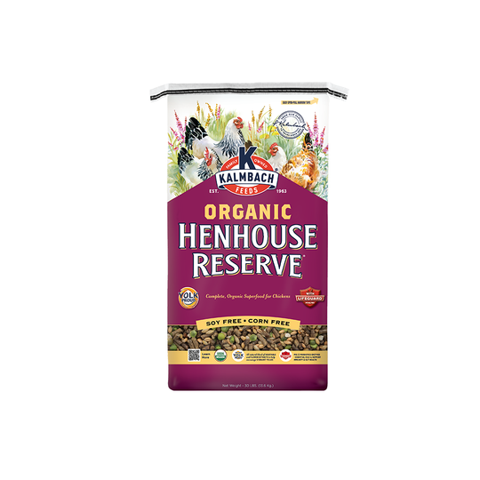 Bag of Kalmbach Organic Henhouse Reserve feed 