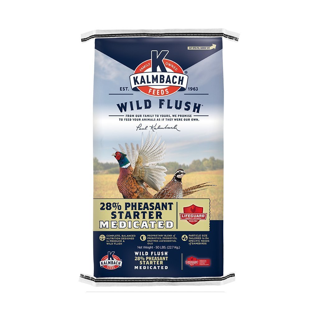 kalmbach 28% pheasant starter medicated game bird feed front bag